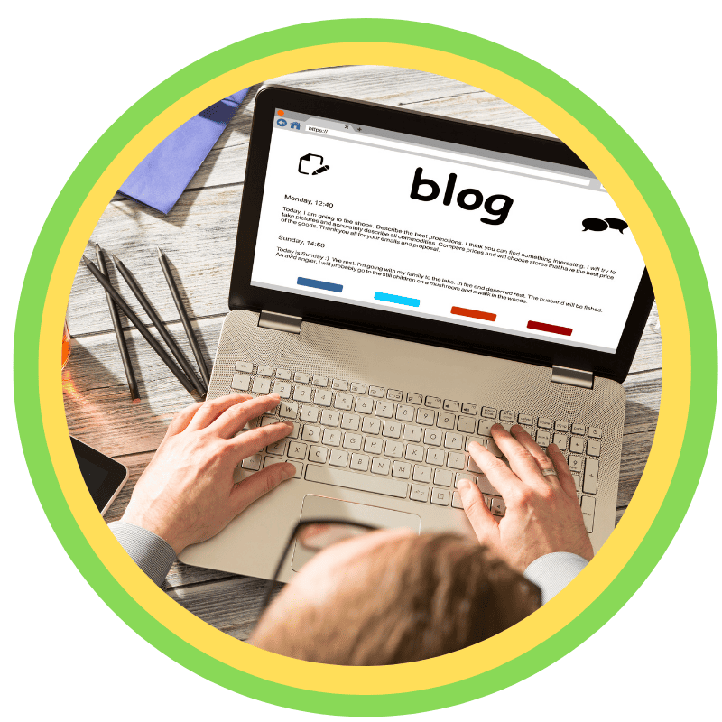 Person writing a blog on a laptop, representing home care tips, caregiving resources, and senior care blog content in Hawley and Scranton, PA